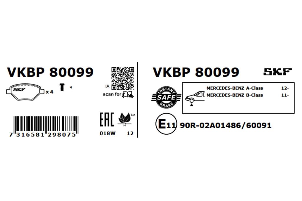 Jeu de 4 plaquettes de frein SKF ref. VKBP 80099